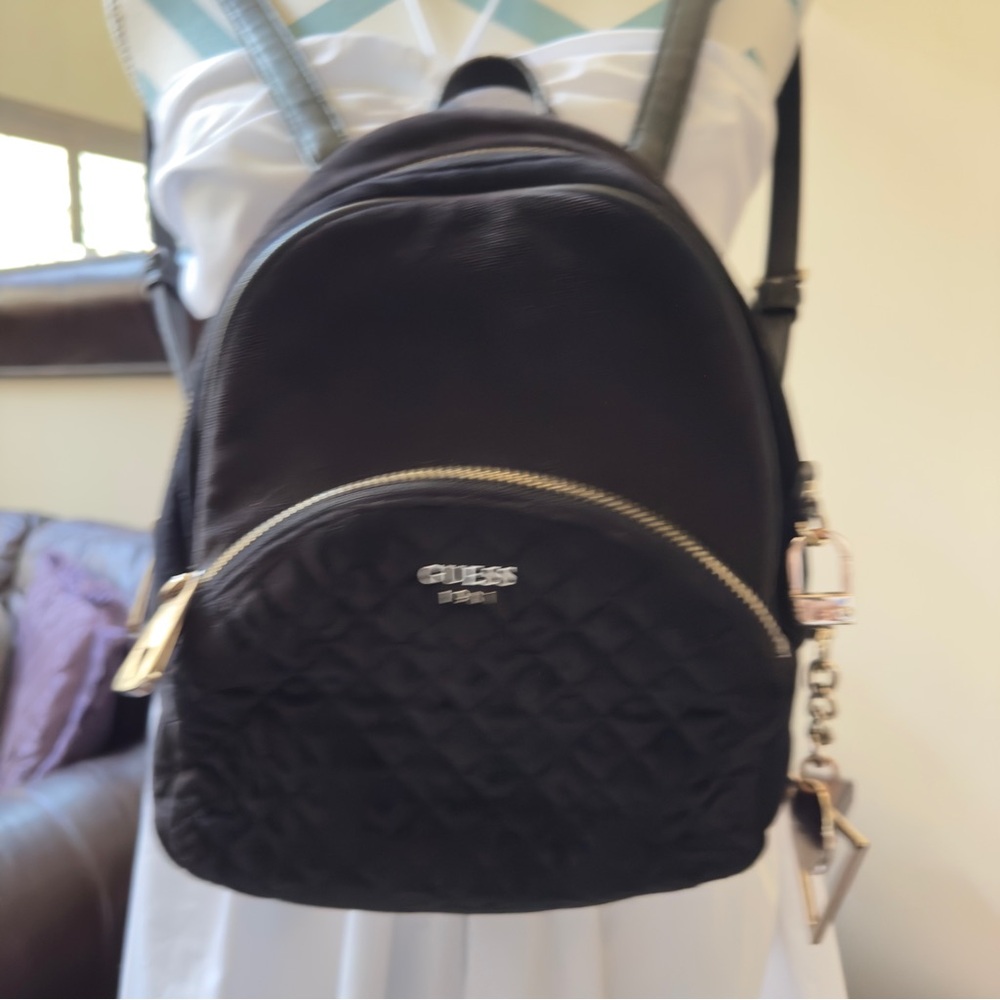“Guess” Black Quilted Velvet Backpack with Gold Accents